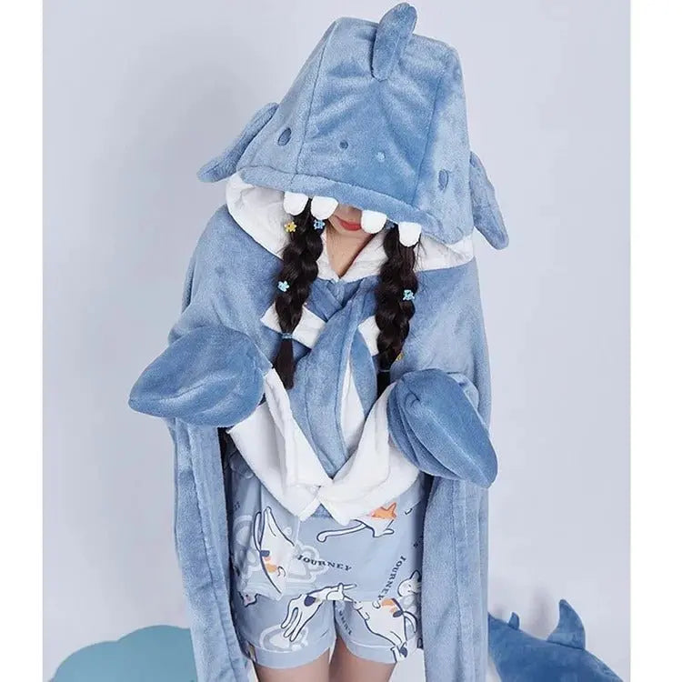 Kawaii Cartoon Shark Hooded Blanket - Kawaii Side