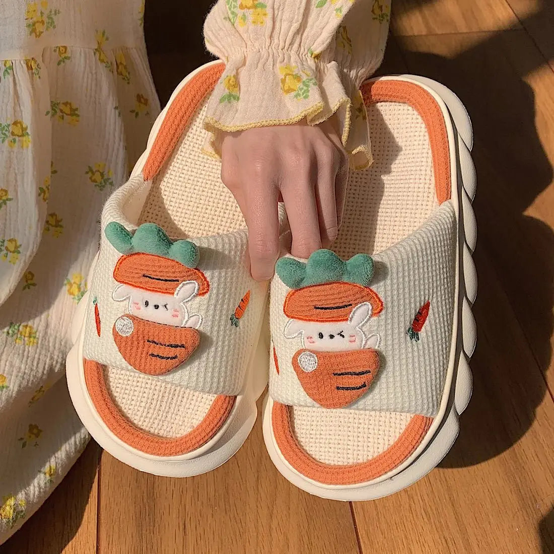 Lovely Rabbit and Carrot Linen Sandals - Kawaii Side