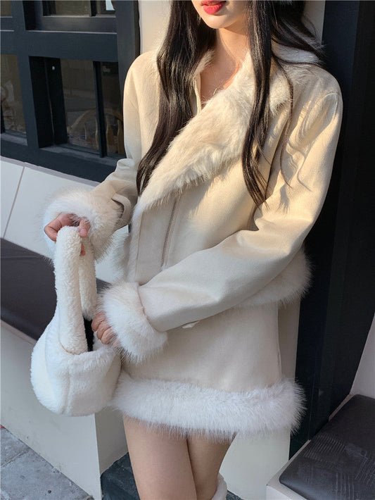 Elegant Chic Cream Fur Winter Jacket & Skirt Two Piece Set