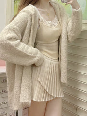 Lazy Girl Milky White Winter Camisole & Pleated Skirt & Zip Up Hooded Sweater Jacket Three Piece Set