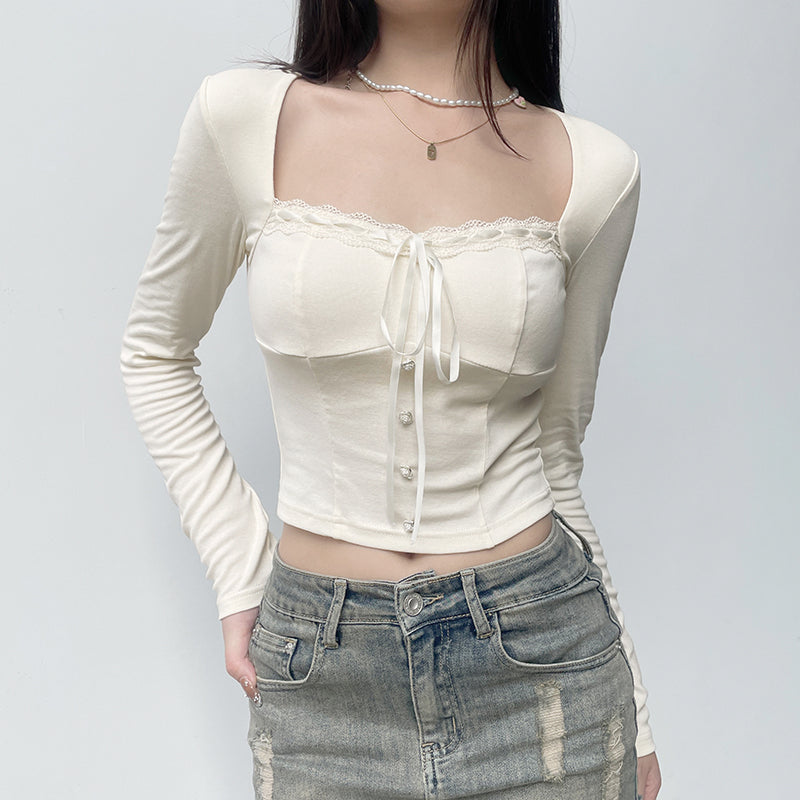 Chic Coquette Square Neck Bow Lace Top Shirt