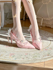 Pink Butterfly Crystal Lace Elegant Chic Pointed Toe High Heels Sandals