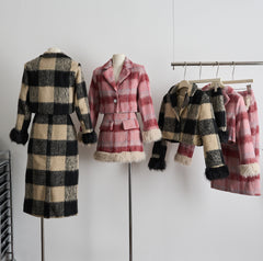 Monet Winter Hot Pink & Black Beige Plaid Jacket Skirt Two Piece Set