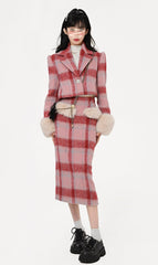 Monet Winter Hot Pink & Black Beige Plaid Jakkenederdel i to dele