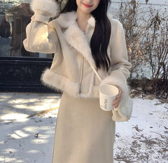 Elegant Chic Cream Fur Winter Jacket & Skirt Two Piece Set