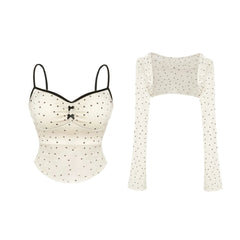 Kiki Good Girl Set di tre pezzi con gonna in velluto a maniche lunghe in cardigan bianco e nero a pois