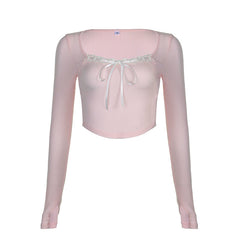 Camicia a maniche lunghe slim fit rosa con collo quadrato in pizzo dolce da ragazza Coquette