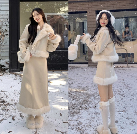 Elegant Chic Cream Fur Winter Jacket & Skirt Two Piece Set