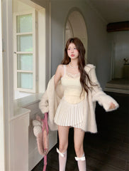 Lazy Girl Milky White Winter Camisole & Pleated Skirt & Zip Up Hooded Sweater Jacket Three Piece Set