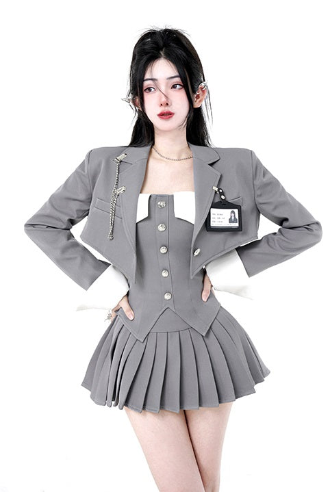 Kiki Academia Blazer grigio argento Gonna a tubo Set di tre pezzi