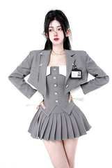 Kiki Academia Silver Gray Blazer Tube Top Skirt Three Piece Set