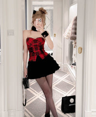 Cremet Sweet Chic Holiday Plaid Red Tube Top & sort Tutu nederdel og jakke i tre dele