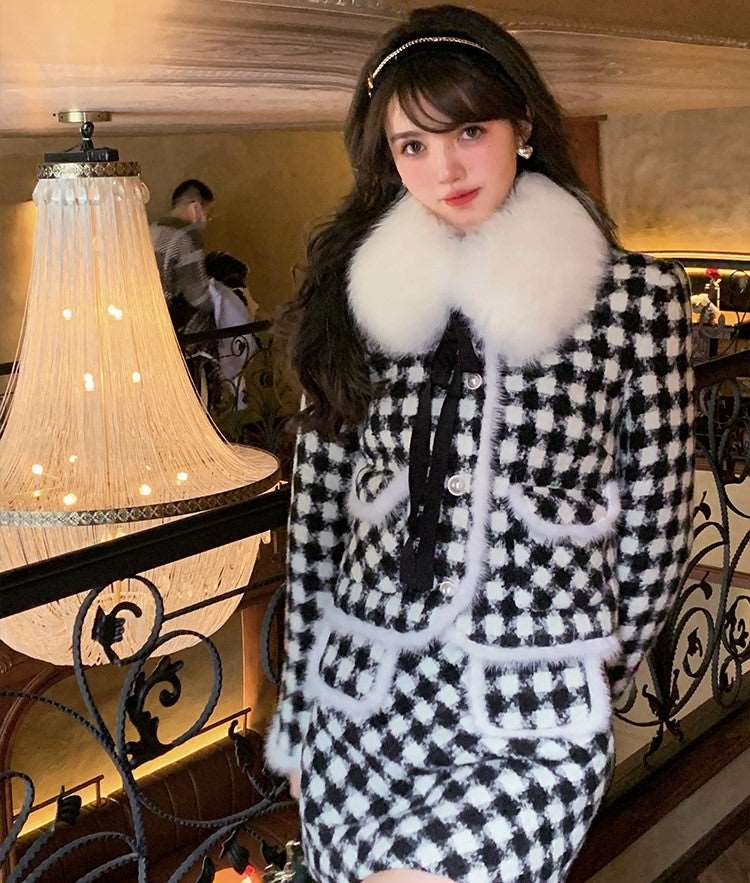 Acacia Classic Houndstooth Fur Collar White Black Jacket Skirt Two Piece Set Kawaii Side