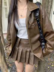 Chic Trendy Winter Brown Black Leather Jacket Skirt Two Piece Set