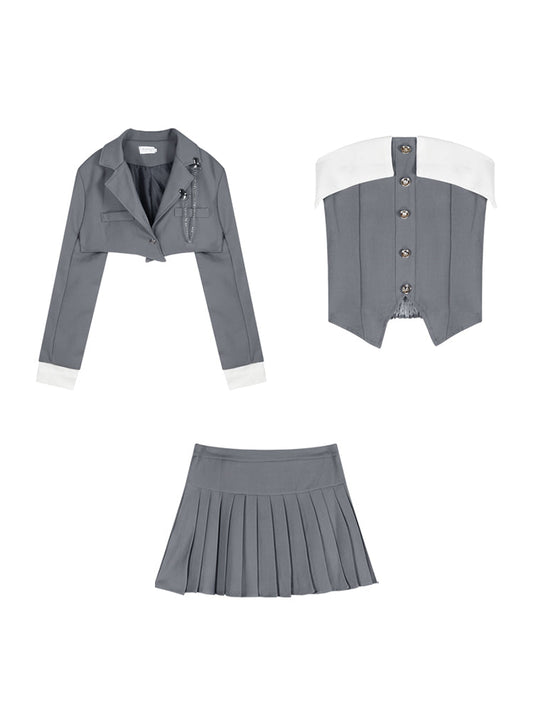 Kiki Academia Blazer grigio argento Gonna a tubo Set di tre pezzi