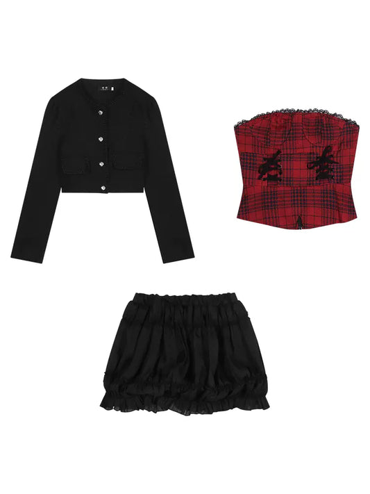 Cremet Sweet Chic Holiday Plaid Red Tube Top & sort Tutu nederdel og jakke i tre dele