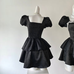 Monet Black Bow Puff Sleeve Short Dress