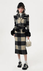 Monet Winter Hot Pink & Black Beige Plaid Jakkenederdel i to dele