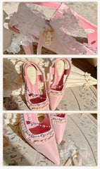 Pink Butterfly Crystal Lace Elegant Chic Pointed Toe High Heels Sandals