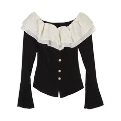 Frill Ruffled Coquette Fit Long Sleeve Cream White Black Top