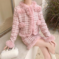 Set di due pezzi di gonna invernale con gonna pied de poule rosa invernale