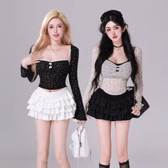 Kiki Good Girl Set di tre pezzi con gonna in velluto a maniche lunghe in cardigan bianco e nero a pois