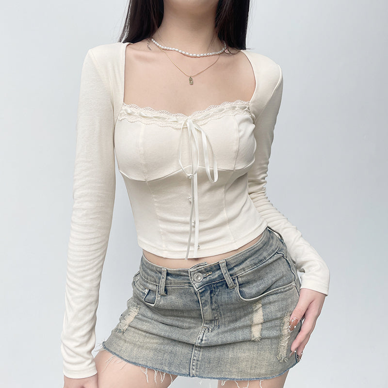 Chic Coquette Square Neck Bow Lace Top Shirt Kawaii Side