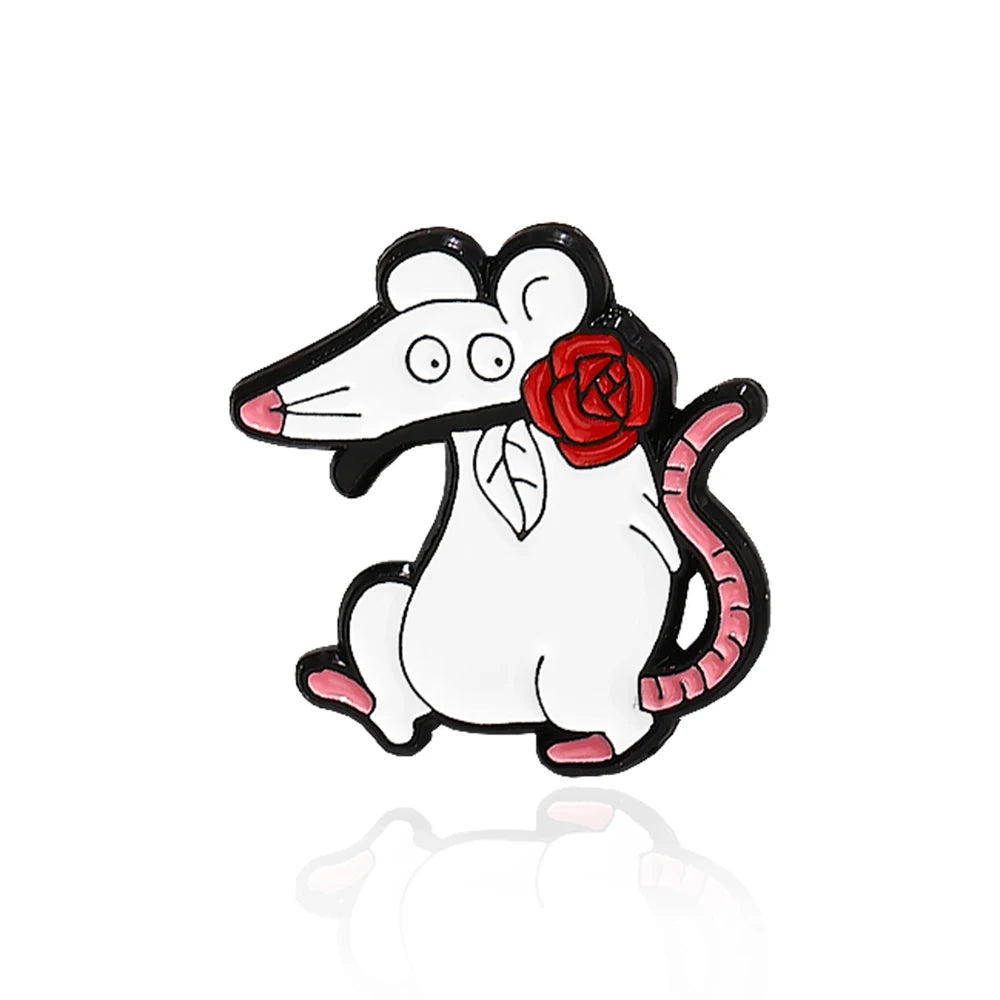 White Rats Enamel Pins Custom Mouse Red Rose Apple Red Wine Animal Brooches Badge Lapel Jewelry Gift Friends Wholesale Kawaii Side