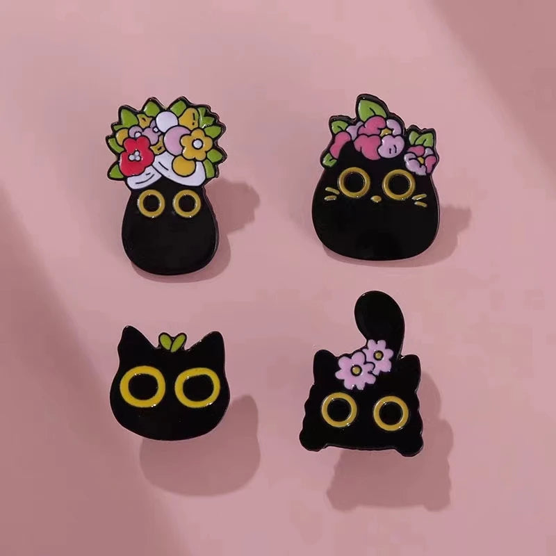 Black Cats Enamel Pins Kawaii Side