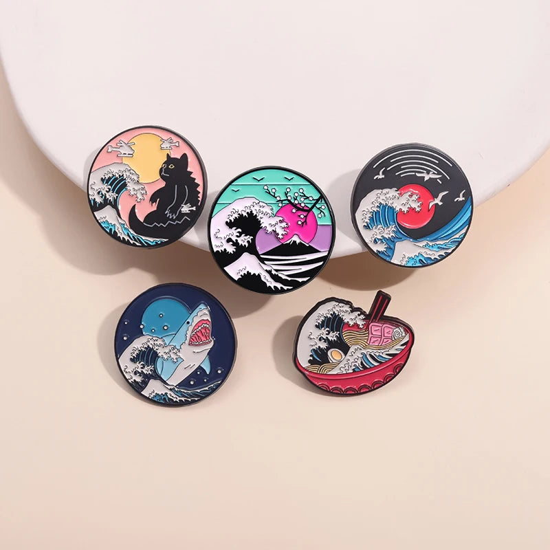 The Great Wave Of Kanagawa Creative Enamel Pins Japanese Art Painting Sunrise Sunset Brooches Lapel Badge Gift for Kids Friends Kawaii Side