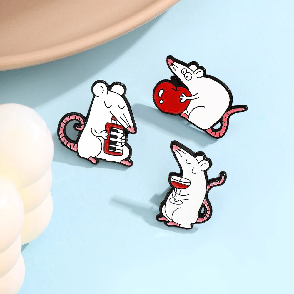 White Rats Enamel Pins Custom Mouse Red Rose Apple Red Wine Animal Brooches Badge Lapel Jewelry Gift Friends Wholesale Kawaii Side