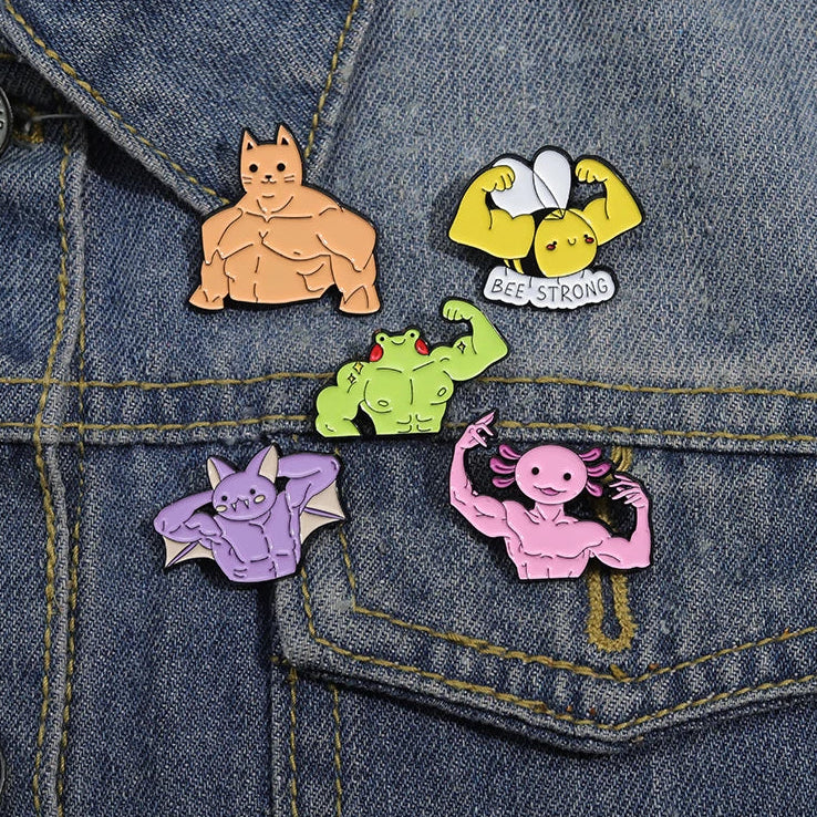 Fitness Muscle Exercise Brooch Enamel Pin Custom Frog Salamander Bat Bee Strong Badges Lapel Pins For Hats Clothes Jewelry Gifts Kawaii Side