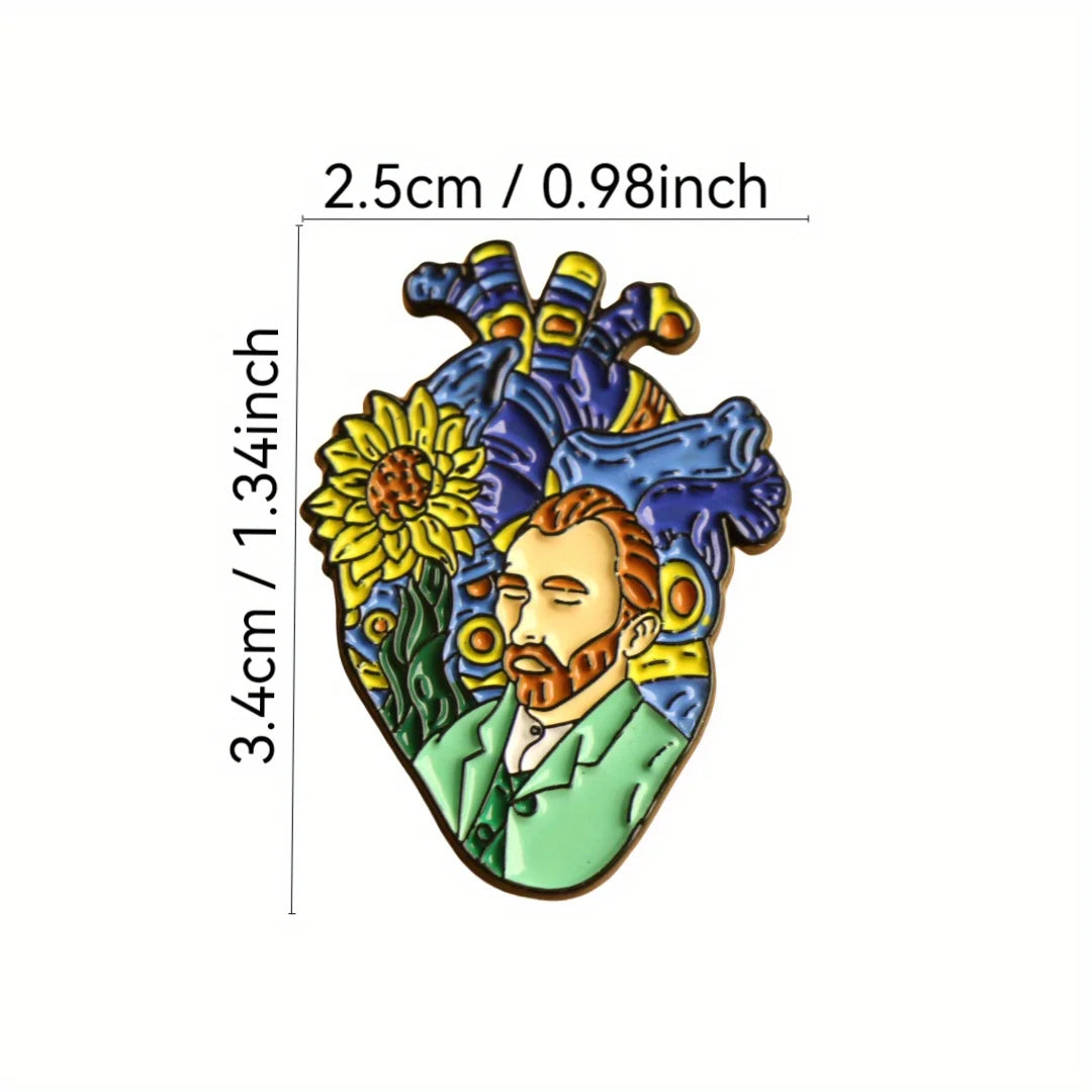 Artistic Anatomical Heart Enamel Brooch Pin - Alloy Fashion Van Gogh Accessory for Backpacks and Clothing Kawaii Side