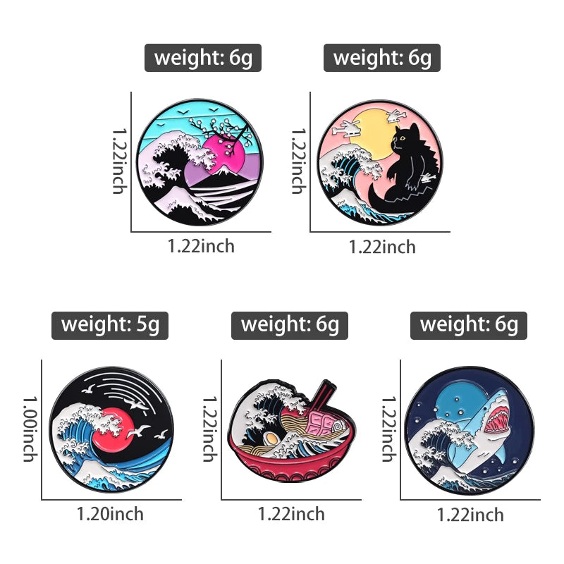 The Great Wave Of Kanagawa Creative Enamel Pins Japanese Art Painting Sunrise Sunset Brooches Lapel Badge Gift for Kids Friends Kawaii Side