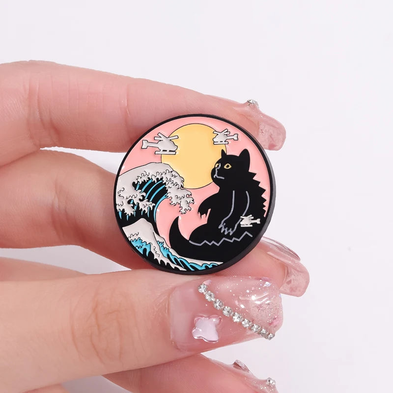 The Great Wave Of Kanagawa Creative Enamel Pins Japanese Art Painting Sunrise Sunset Brooches Lapel Badge Gift for Kids Friends Kawaii Side