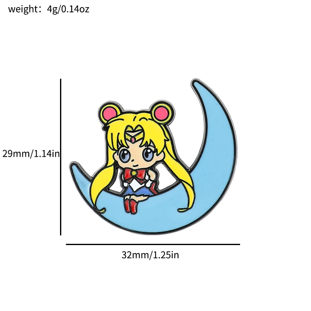 Sailor Moon Pin Badges Cartoon Anime Figure Enamel Brooches Tsukino Usagi Mizuno Ami Sailor Mars Cute Lapel Pins for Backpack Kawaii Side