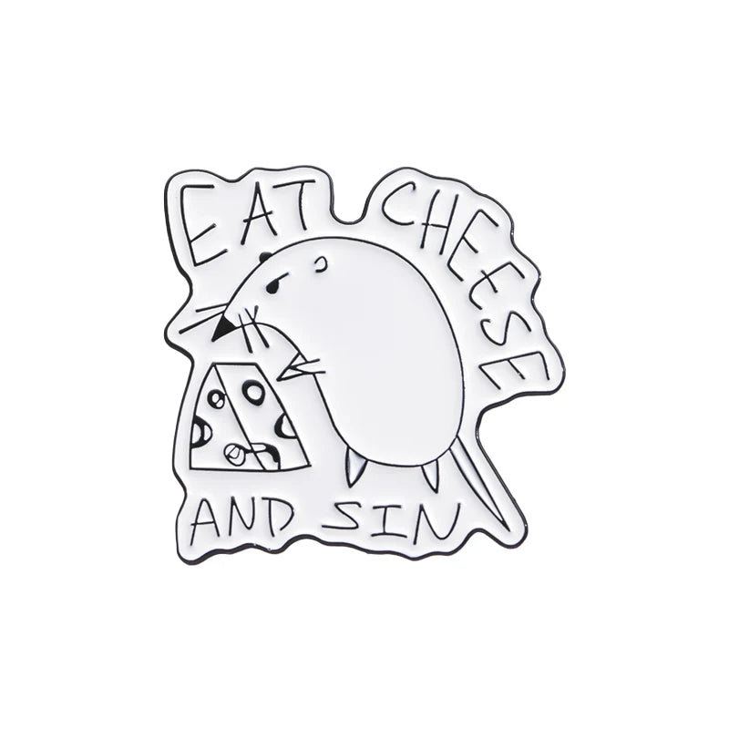 Eat Cheese And Sin Enamel Pins Custom Rat Eats Cheese Brooches Lapel Badges Cartoon Animal Jewelry Gift for Kids Friends Kawaii Side