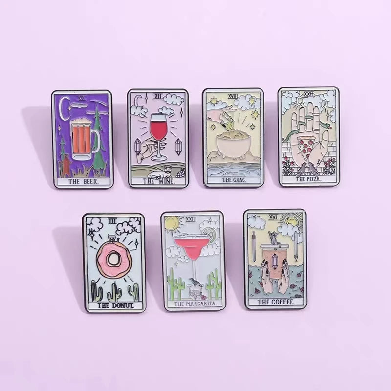 Creative Funny Tarot Enamel Pin The Coffee Donut Pizza Margarita Beer Wine Brooch Lapel Metal Badge Jewelry Gifts Wholesale Kawaii Side