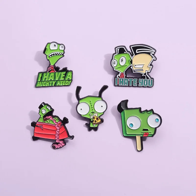 Cartoon Green Alien and Boy Enamel Pin Funny Monster Lapel Accessory Clothes Badge for Friend Jewelry Gifts Kawaii Side