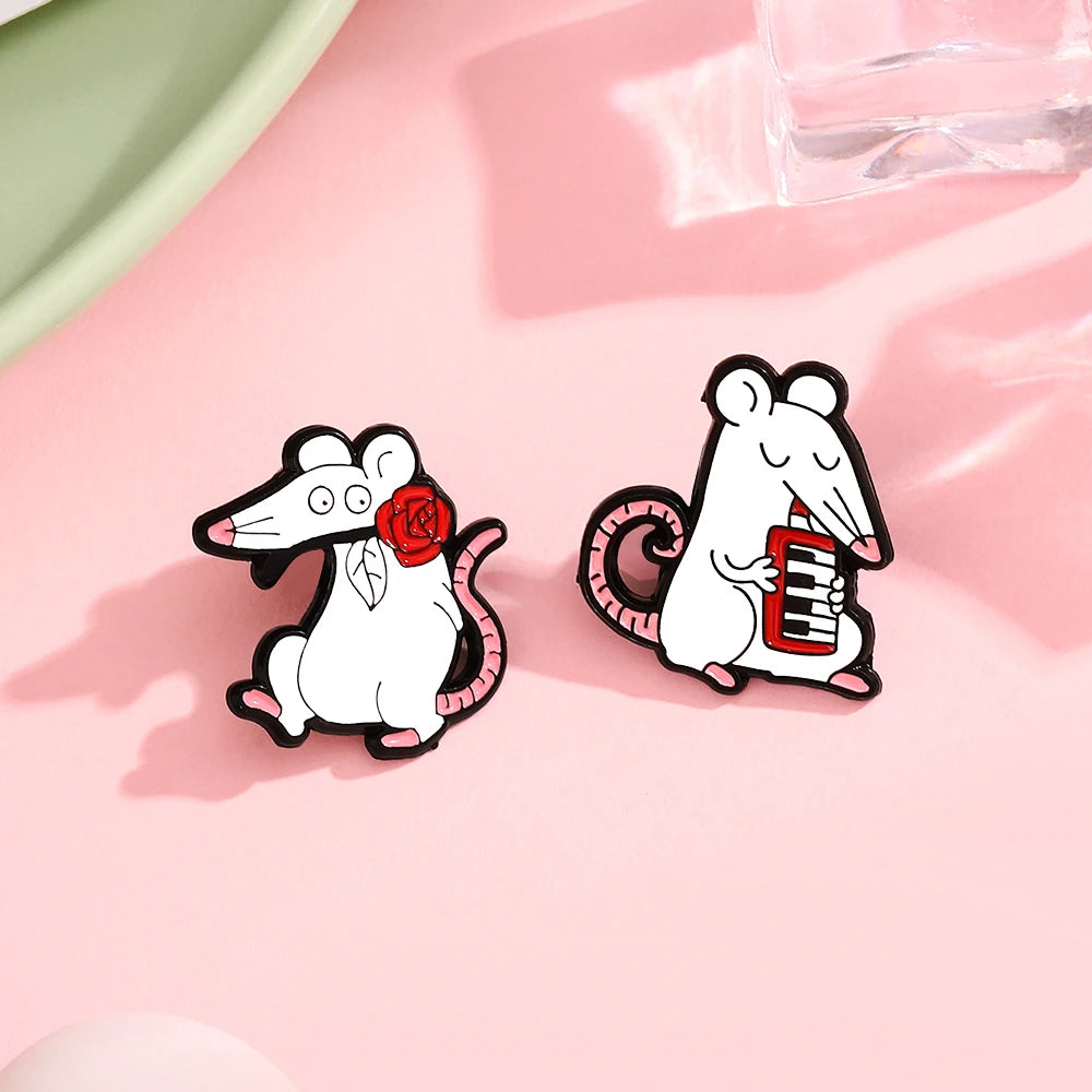 White Rats Enamel Pins Custom Mouse Red Rose Apple Red Wine Animal Brooches Badge Lapel Jewelry Gift Friends Wholesale Kawaii Side