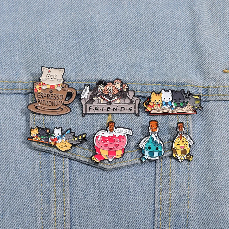 Cartoon Cat Magician Enamel Brooch Cute Magic Potion Pin Fiction Film Custom Lapel Badge Backpack Denim Jewelry Gift for Friends Kawaii Side