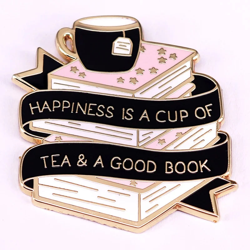 Tea And Book Hard Enamel Pin Happiness Brooch Read And Tea Lovers Collect Gift Kawaii Side