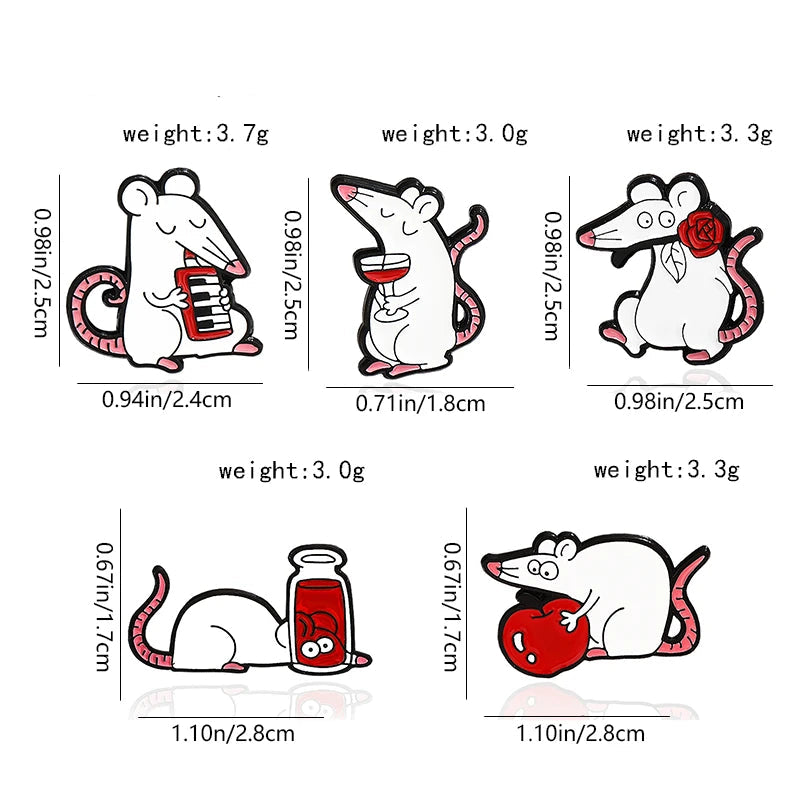 White Rats Enamel Pins Custom Mouse Red Rose Apple Red Wine Animal Brooches Badge Lapel Jewelry Gift Friends Wholesale Kawaii Side