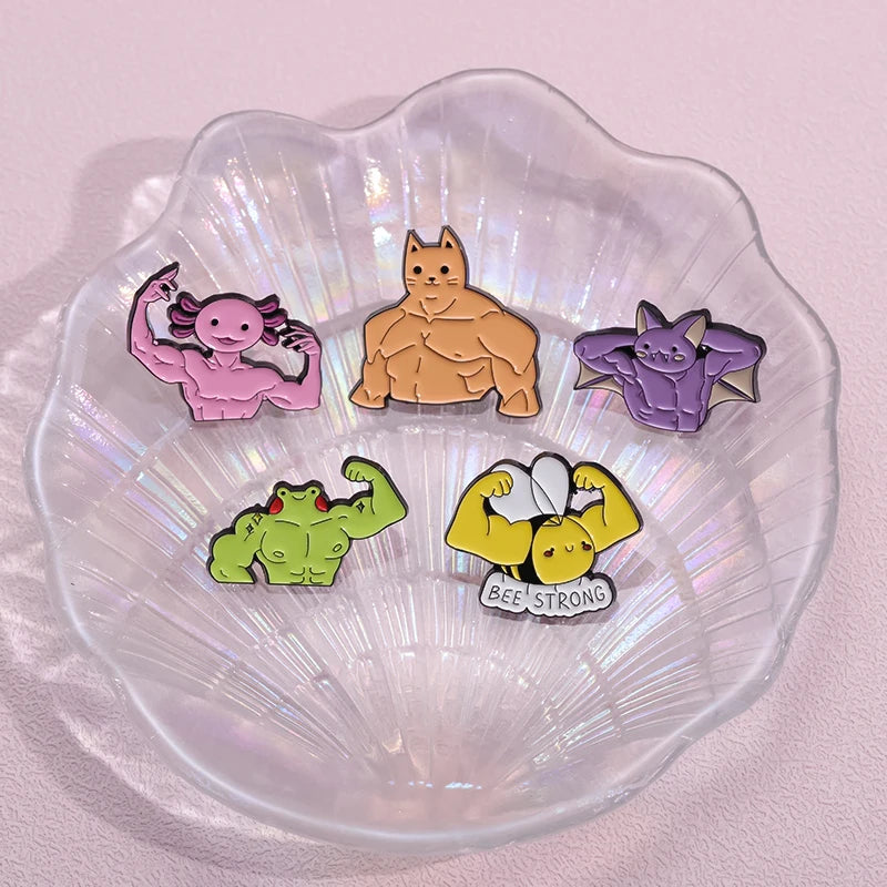 Fitness Muscle Exercise Brooch Enamel Pin Custom Frog Salamander Bat Bee Strong Badges Lapel Pins For Hats Clothes Jewelry Gifts Kawaii Side