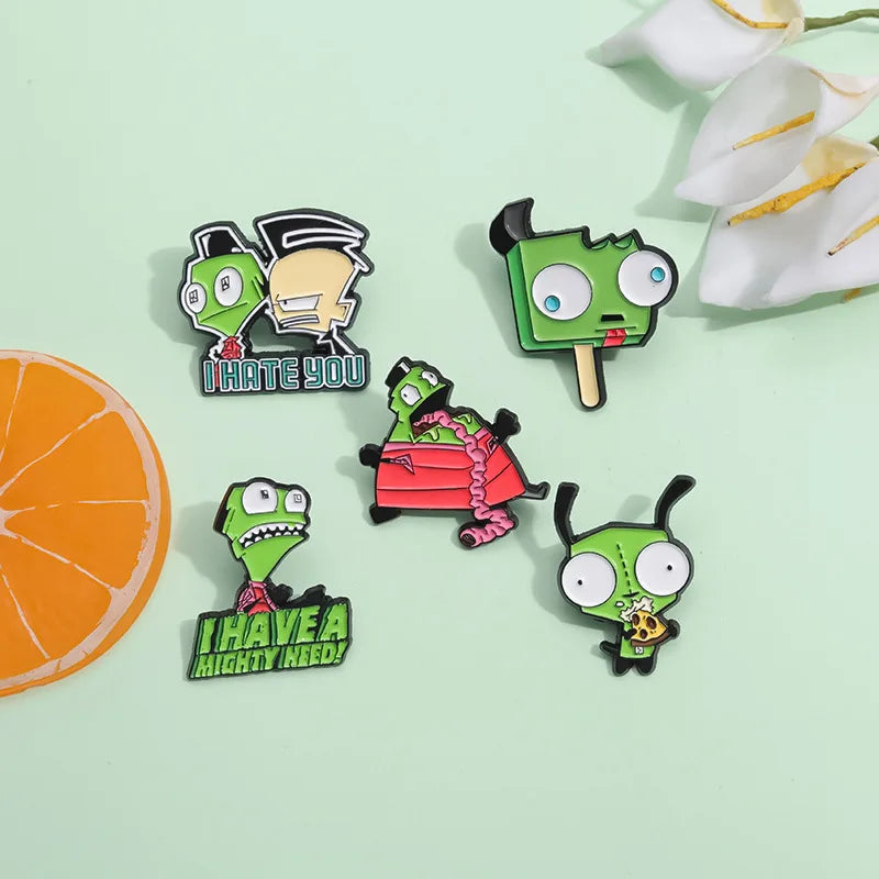 Cartoon Green Alien and Boy Enamel Pin Funny Monster Lapel Accessory Clothes Badge for Friend Jewelry Gifts Kawaii Side