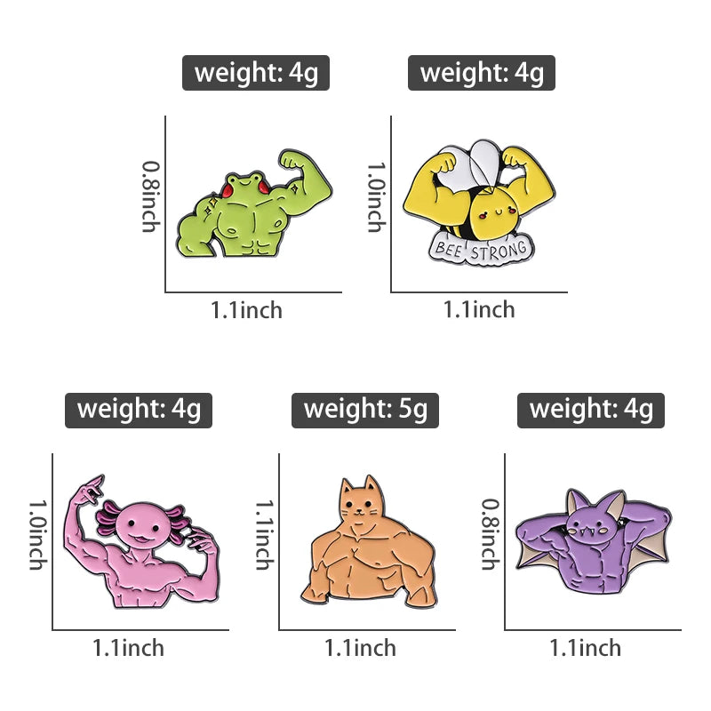 Fitness Muscle Exercise Brooch Enamel Pin Custom Frog Salamander Bat Bee Strong Badges Lapel Pins For Hats Clothes Jewelry Gifts Kawaii Side