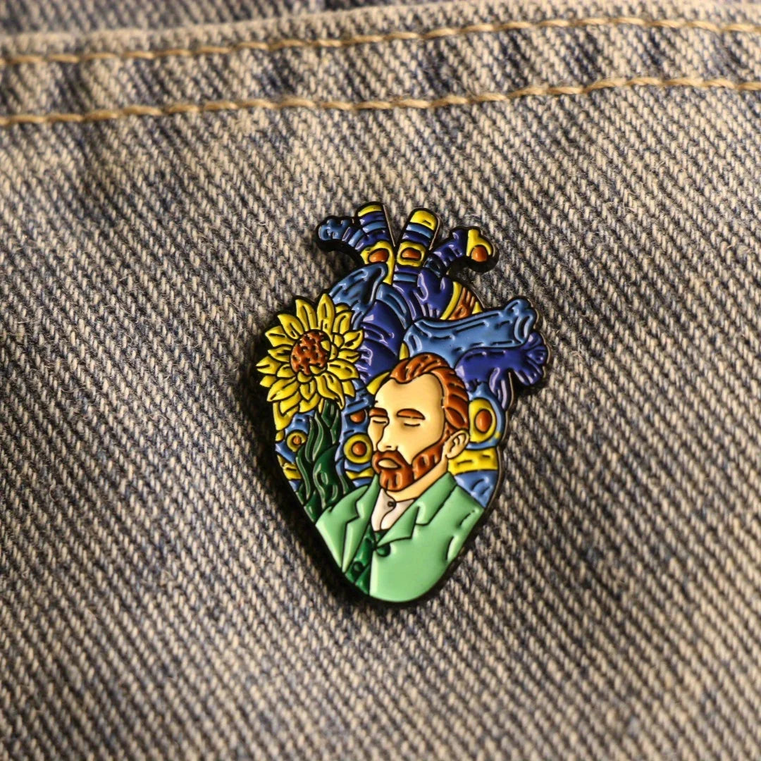 Artistic Anatomical Heart Enamel Brooch Pin - Alloy Fashion Van Gogh Accessory for Backpacks and Clothing Kawaii Side