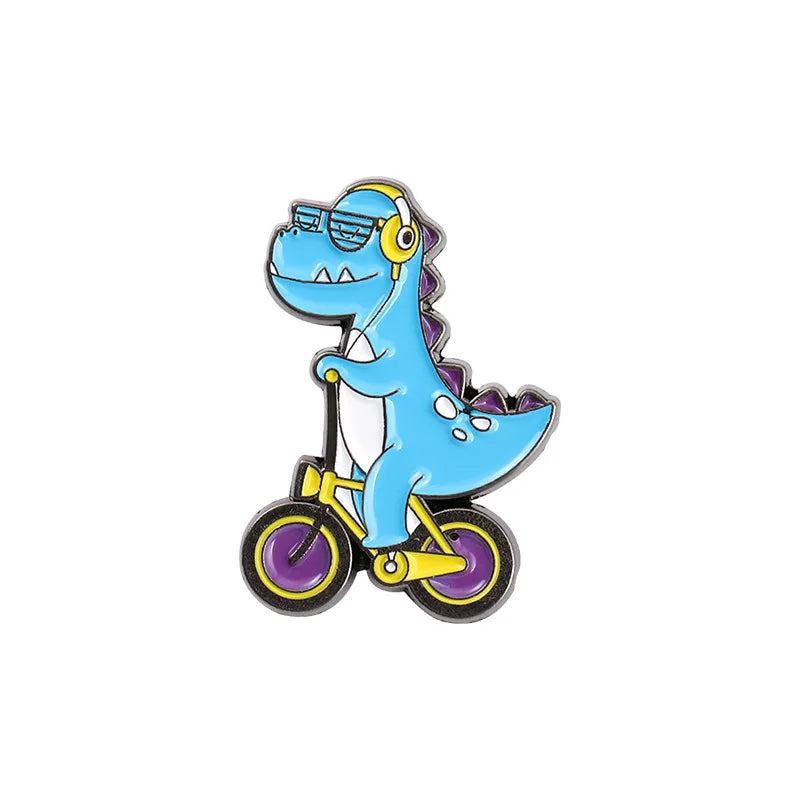 Cartoon Dinosaur Playing Skateboard Bike Guitar Shape Enamel Pins Cute Animal Brooches Women Men Clothes Lapel Pin Badges Jewelr Kawaii Side