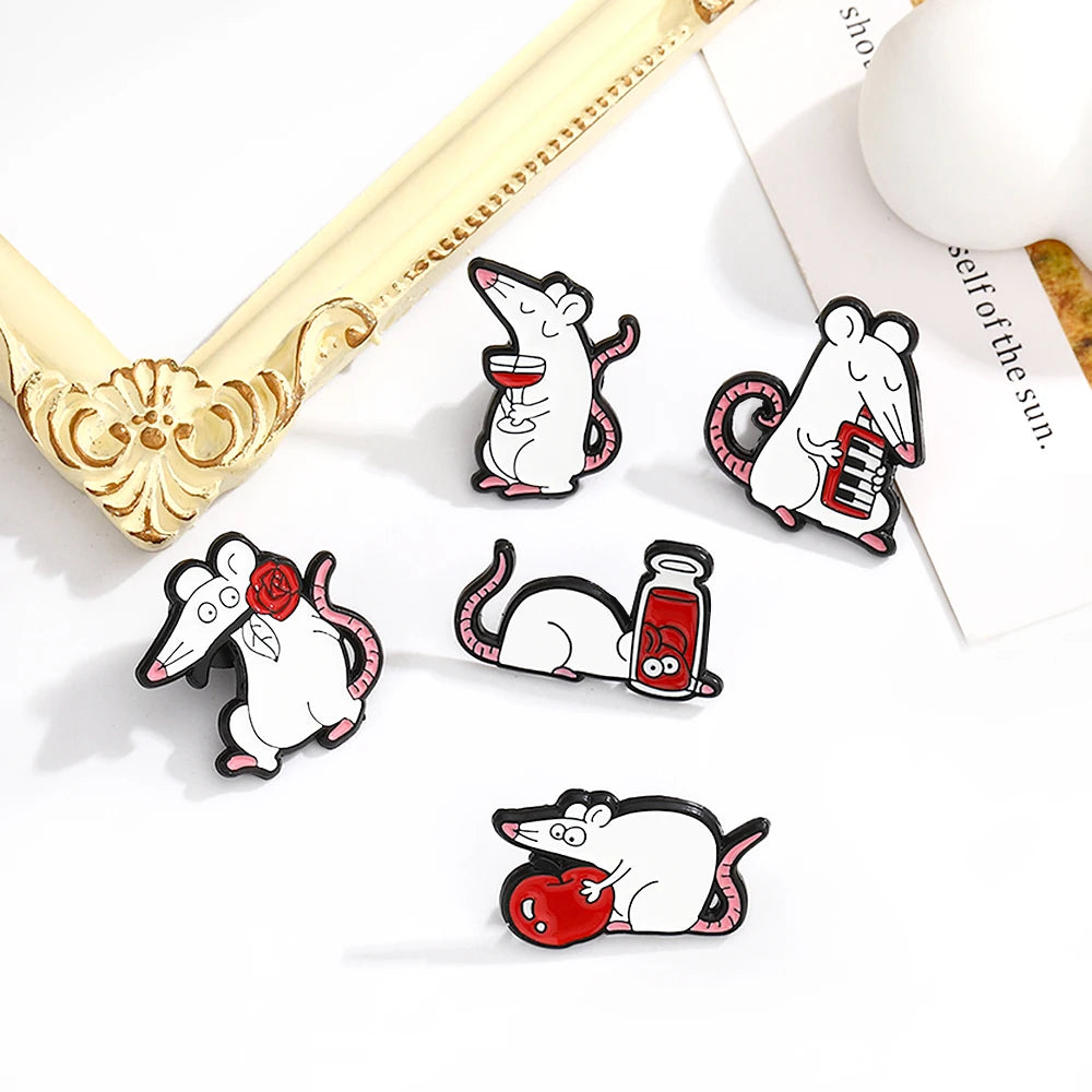 White Rats Enamel Pins Custom Mouse Red Rose Apple Red Wine Animal Brooches Badge Lapel Jewelry Gift Friends Wholesale Kawaii Side