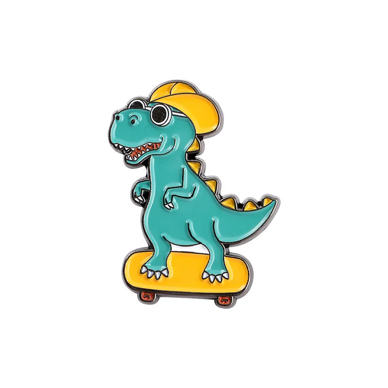 Cartoon Dinosaur Playing Skateboard Bike Guitar Shape Enamel Pins Cute Animal Brooches Women Men Clothes Lapel Pin Badges Jewelr Kawaii Side